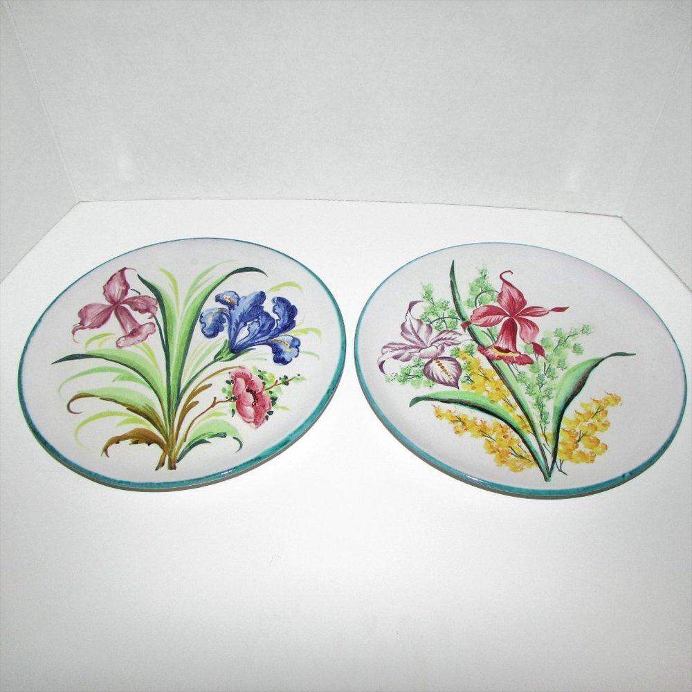 2 Hand Painted Italian Pottery Display Plates Decorative Floral Cottagecore